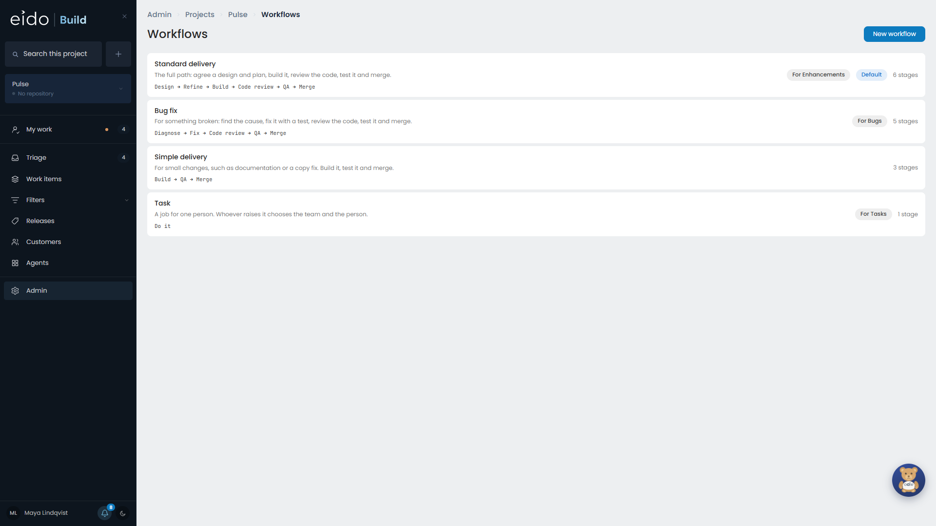A project’s workflows, each with the kind of work it claims.